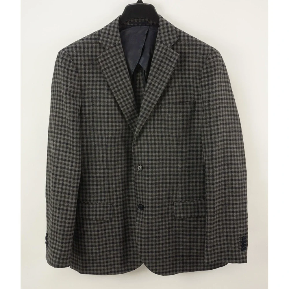 Byron Slim Unstructured Hopsack Wool Sport Coat Men's 44R Gray Blue Green Check